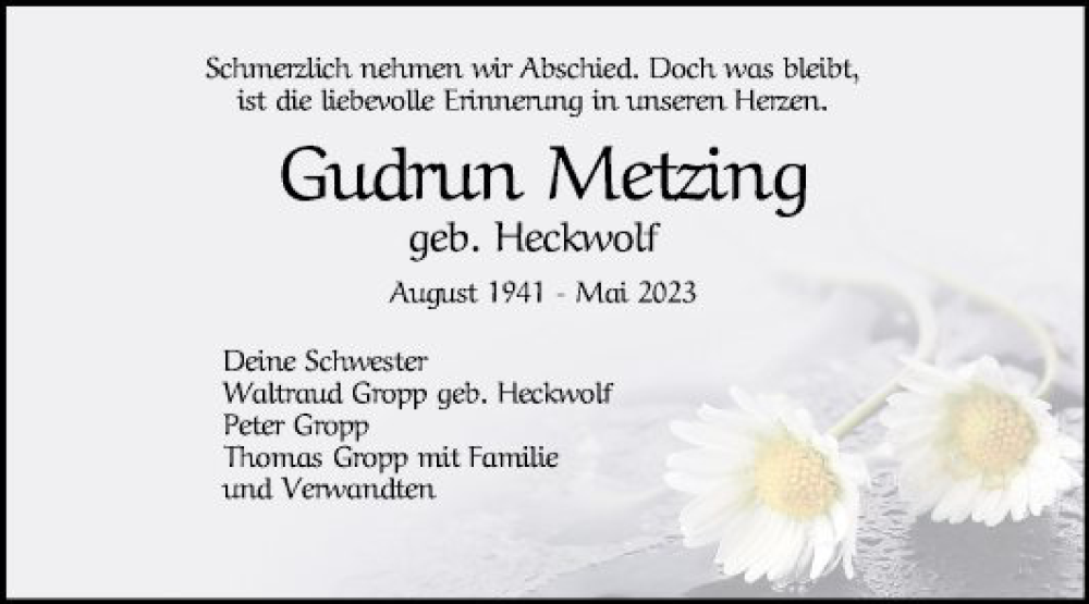 Traueranzeige für Gudrun Metzing vom 03.06.2023 aus Mannheimer Morgen