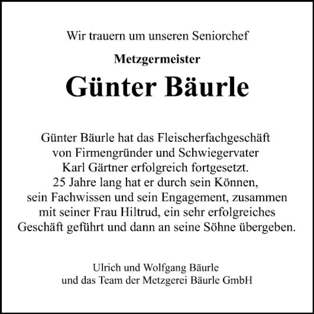  Traueranzeige für Günter Bäurle vom 03.06.2023 aus Mannheimer Morgen