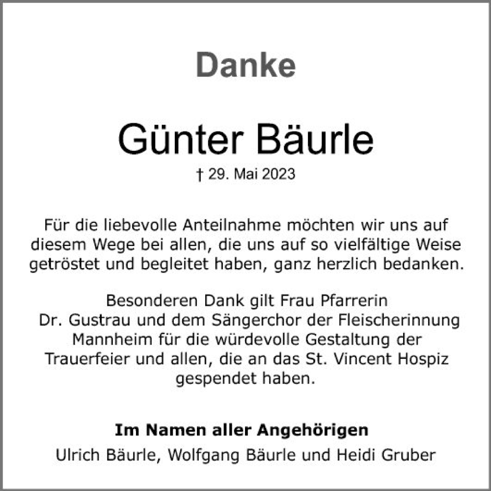  Traueranzeige für Günter Bäurle vom 24.06.2023 aus Mannheimer Morgen