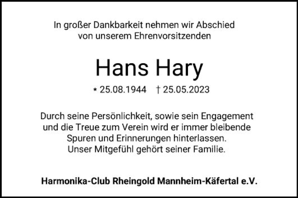  Traueranzeige für Hans Hary vom 03.06.2023 aus Mannheimer Morgen