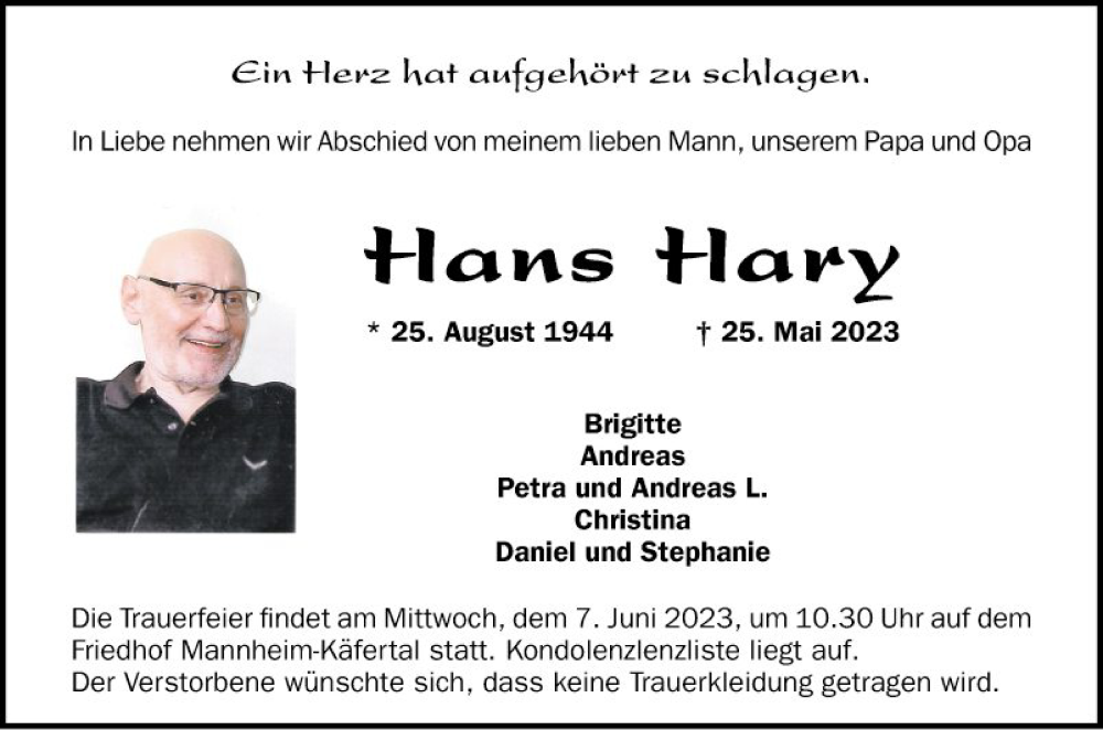  Traueranzeige für Hans Hary vom 03.06.2023 aus Mannheimer Morgen