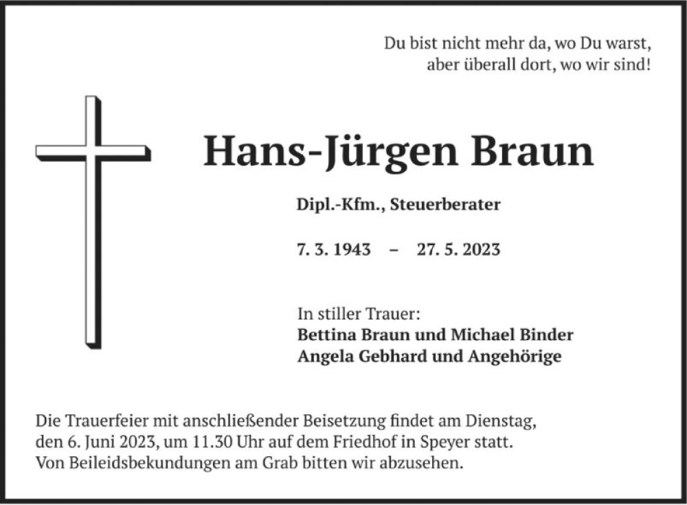  Traueranzeige für Hans-Jürgen Braun vom 03.06.2023 aus Mannheimer Morgen