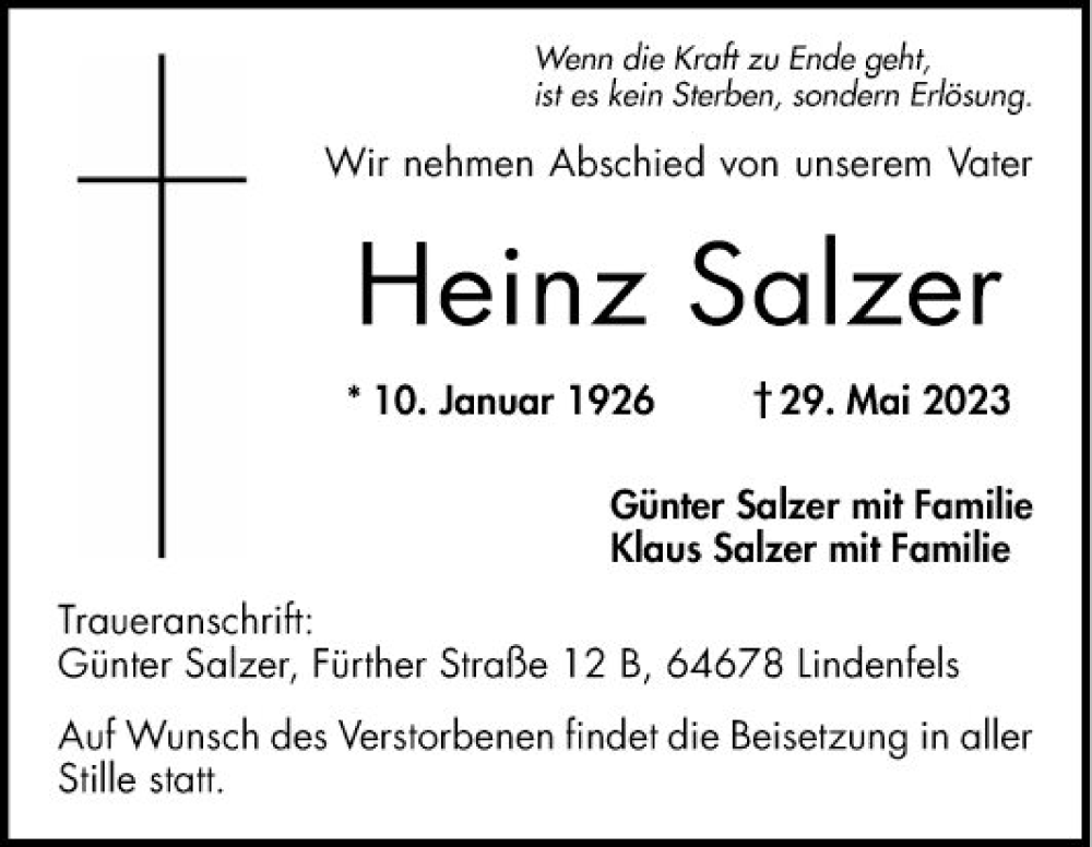  Traueranzeige für Heinz Salzer vom 03.06.2023 aus Bergsträßer Anzeiger