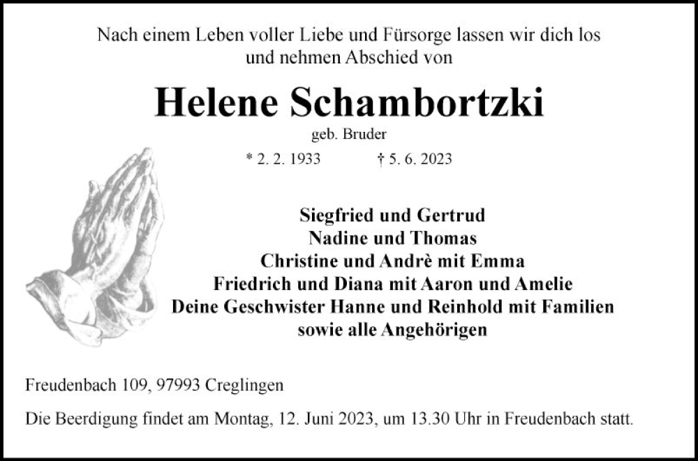  Traueranzeige für Helene Schambortzki vom 09.06.2023 aus Fränkische Nachrichten
