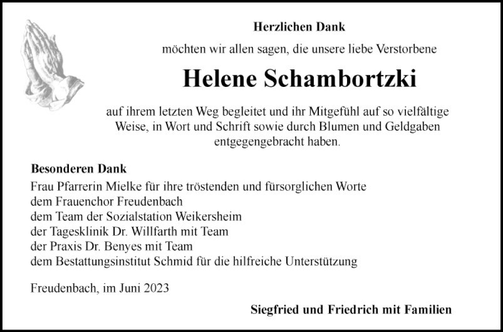  Traueranzeige für Helene Schambortzki vom 26.06.2023 aus Fränkische Nachrichten