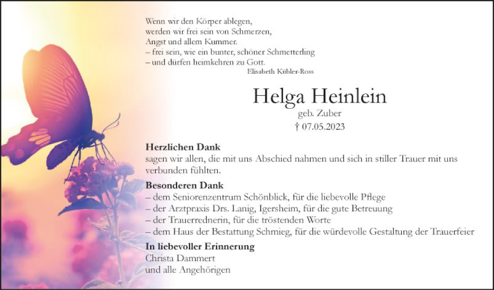  Traueranzeige für Helga Heinlein vom 03.06.2023 aus Fränkische Nachrichten