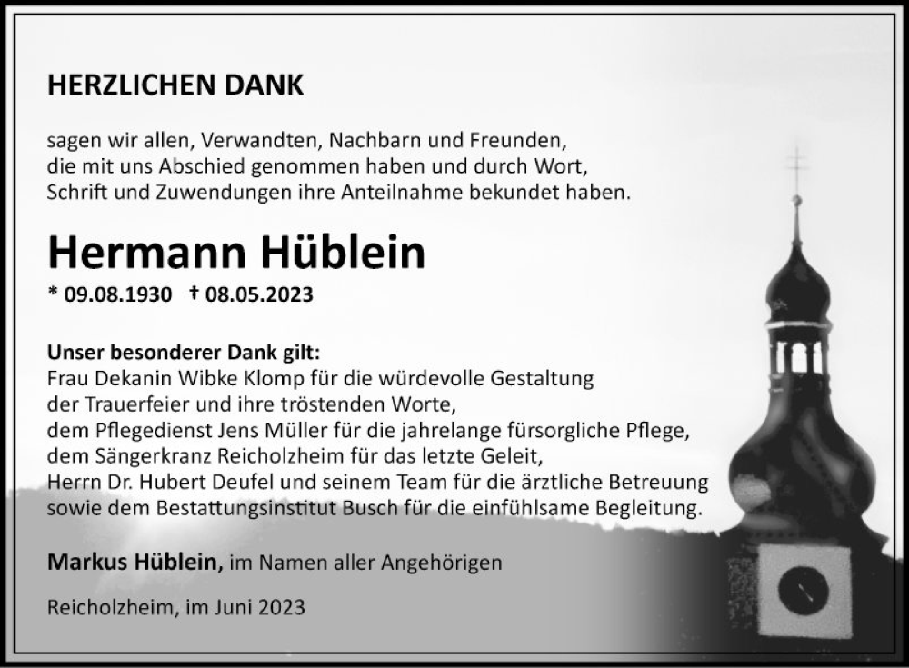  Traueranzeige für Hermann Hüblein vom 03.06.2023 aus Fränkische Nachrichten