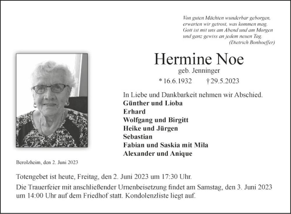  Traueranzeige für Hermine Noe vom 02.06.2023 aus Fränkische Nachrichten