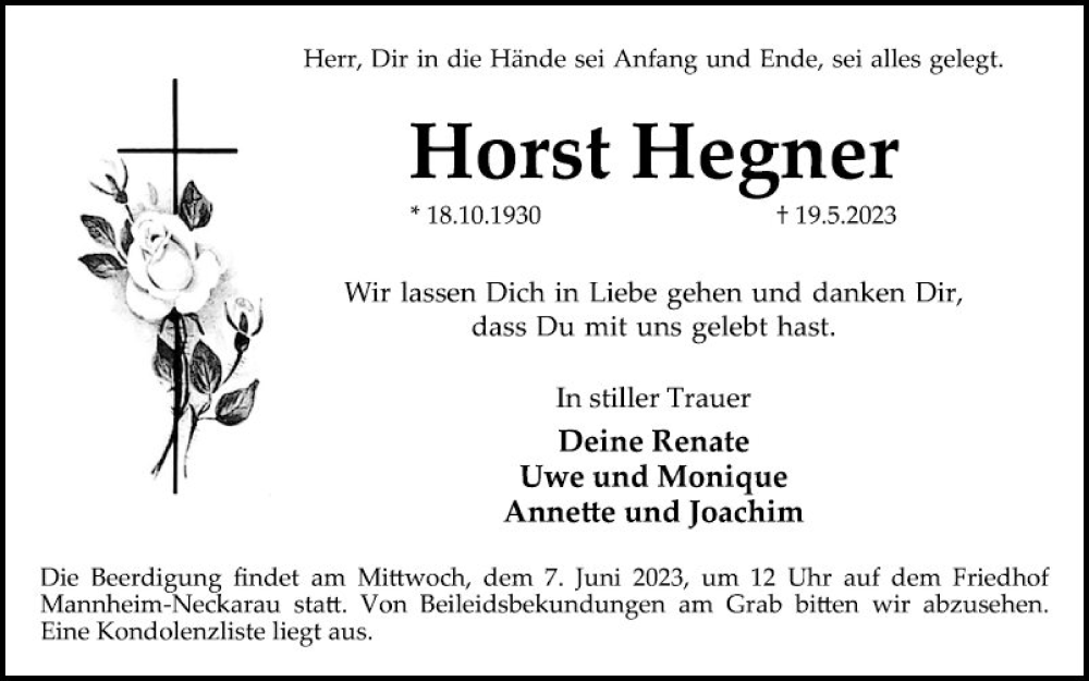  Traueranzeige für Horst Hegner vom 03.06.2023 aus Mannheimer Morgen