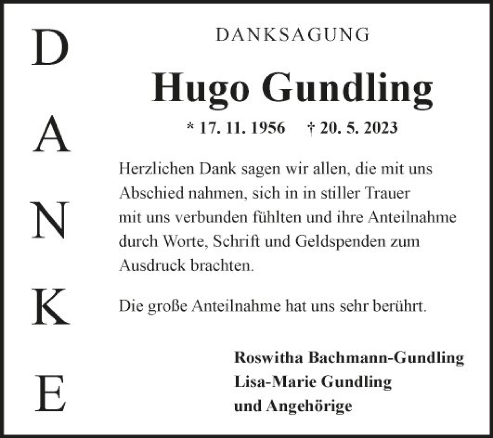  Traueranzeige für Hugo Gundling vom 17.06.2023 aus Fränkische Nachrichten