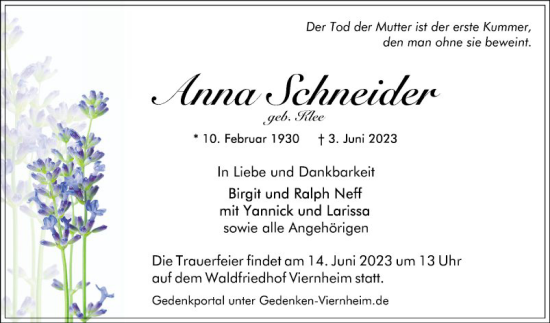 Traueranzeige von Ina Schneider von Schwetzinger Zeitung