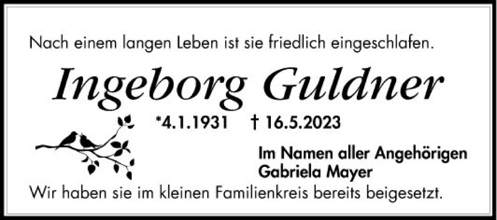  Traueranzeige für Ingeborg Guldner vom 03.06.2023 aus Mannheimer Morgen