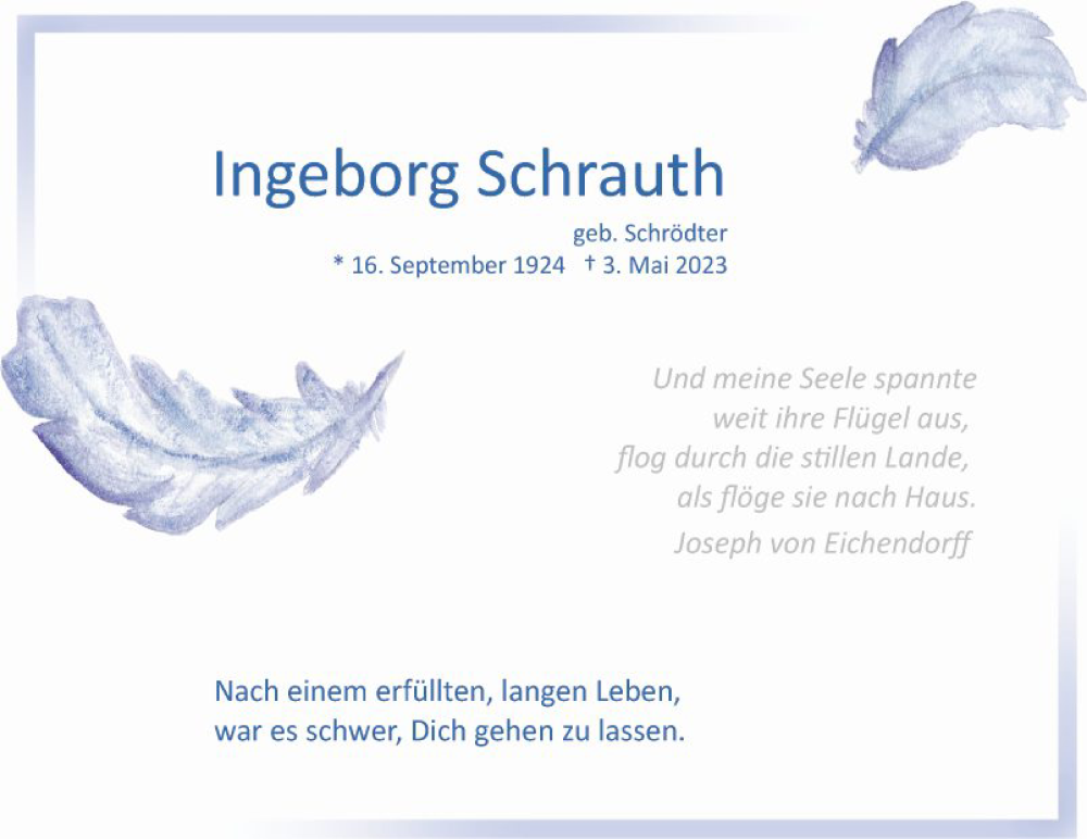  Traueranzeige für Ingeborg Schrauth vom 03.06.2023 aus Mannheimer Morgen