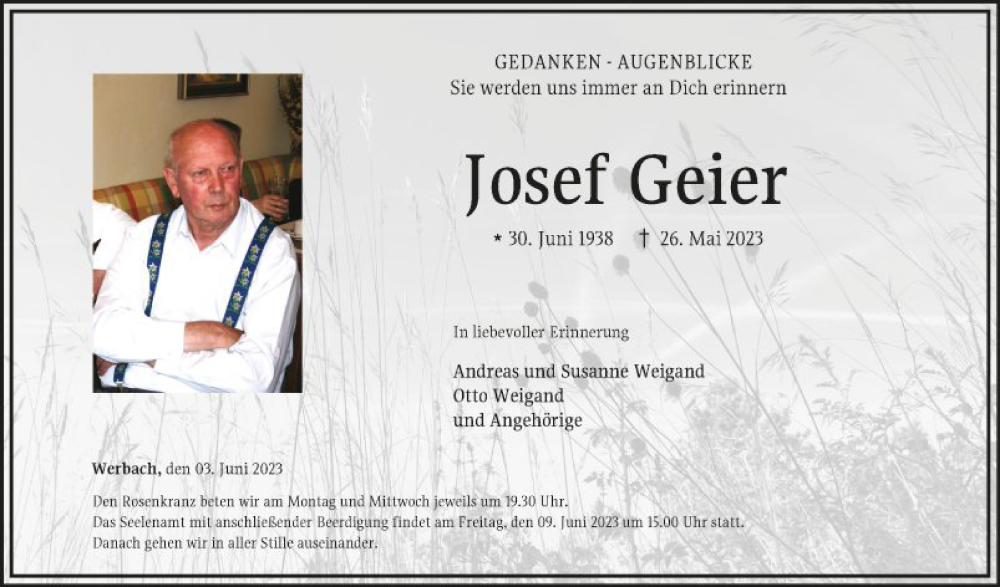  Traueranzeige für Josef Geier vom 03.06.2023 aus Fränkische Nachrichten