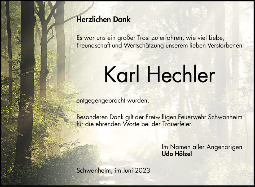  Traueranzeige für Karl Hechler vom 17.06.2023 aus Bergsträßer Anzeiger