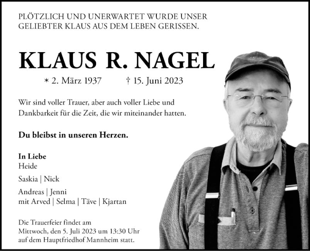  Traueranzeige für Klaus R. Nagel vom 01.07.2023 aus Mannheimer Morgen