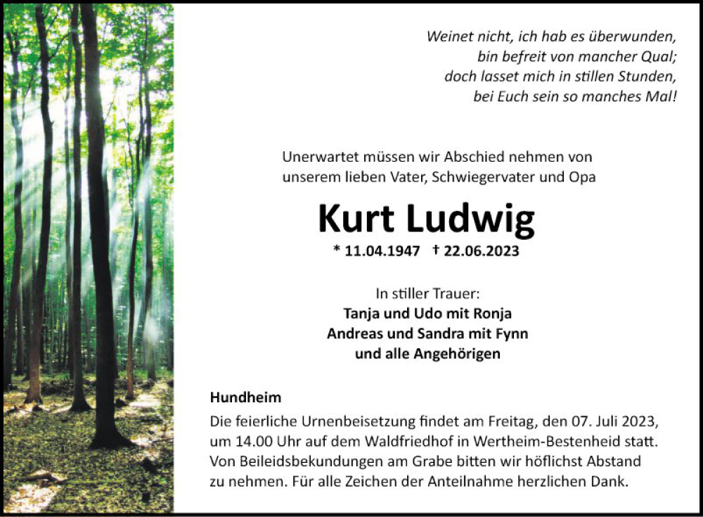  Traueranzeige für Kurt Ludwig vom 01.07.2023 aus Fränkische Nachrichten