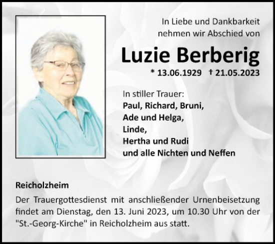 Traueranzeige von Luzie Berberig von Fränkische Nachrichten