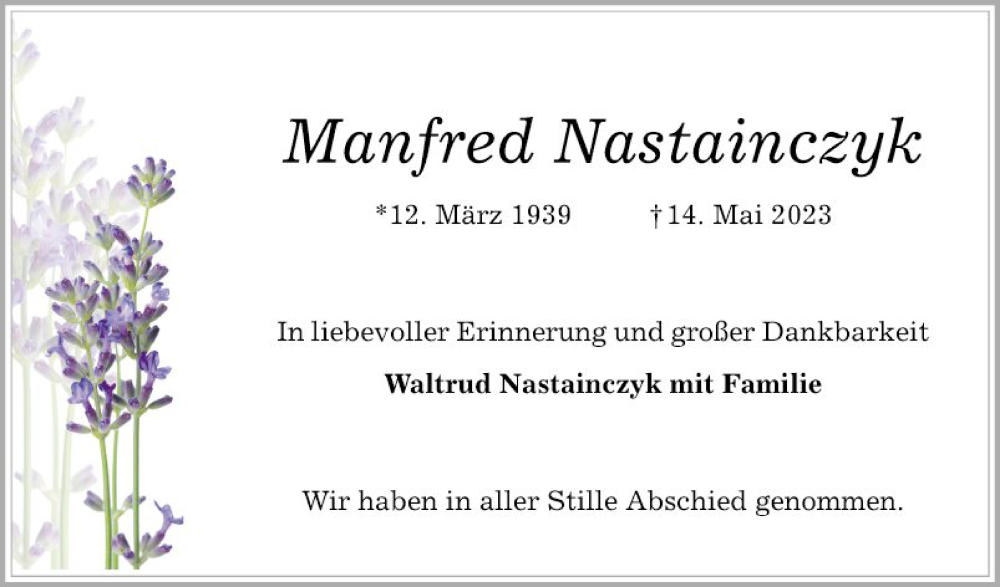 Traueranzeige für Manfred Nastainczyk vom 03.06.2023 aus Schwetzinger Zeitung
