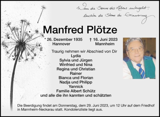 Traueranzeige von Manfred Plötze von Mannheimer Morgen