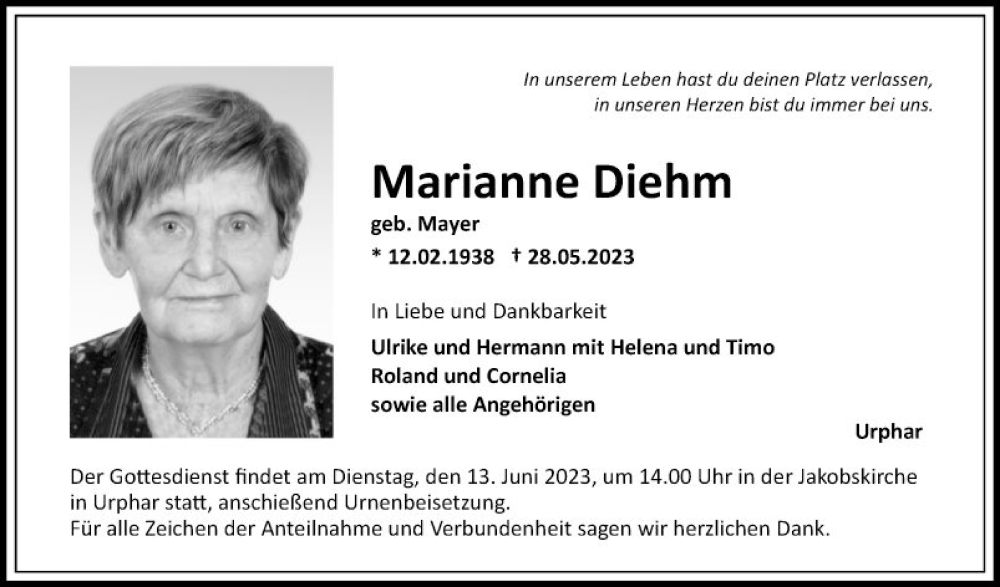  Traueranzeige für Marianne Diehm vom 10.06.2023 aus Fränkische Nachrichten