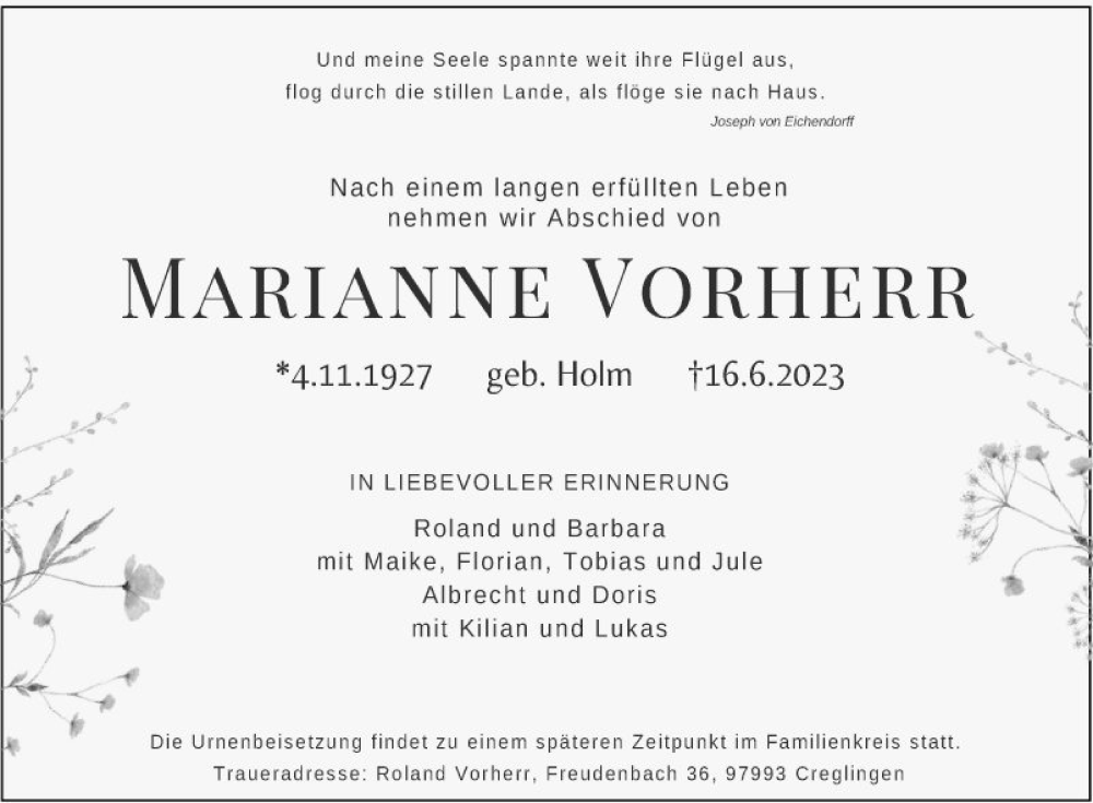  Traueranzeige für Marianne Vorherr vom 20.06.2023 aus Fränkische Nachrichten