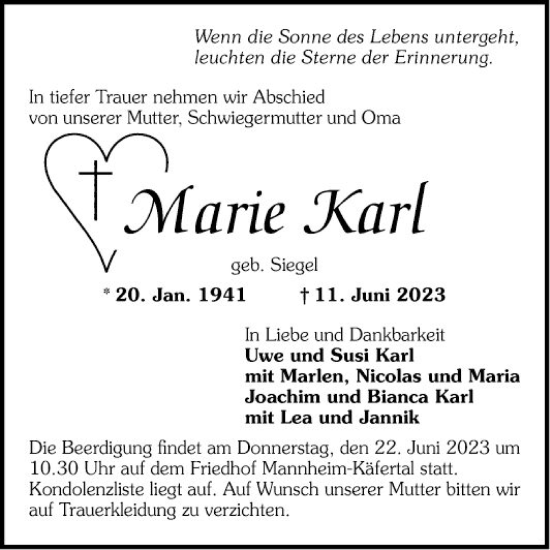 Traueranzeige von Marie Karl von Mannheimer Morgen