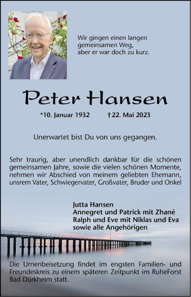  Traueranzeige für Peter Hansen vom 03.06.2023 aus Schwetzinger Zeitung