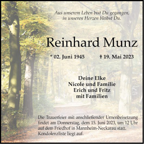 Traueranzeige von Reinhard Munz von Mannheimer Morgen