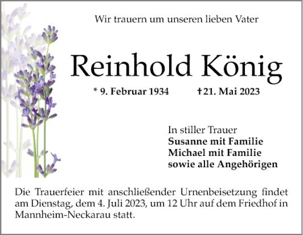  Traueranzeige für Reinhold König vom 17.06.2023 aus Mannheimer Morgen