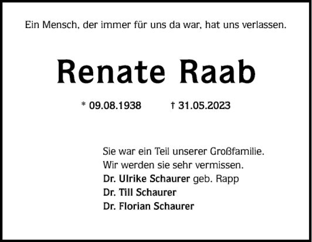  Traueranzeige für Renate Raab vom 03.06.2023 aus Mannheimer Morgen
