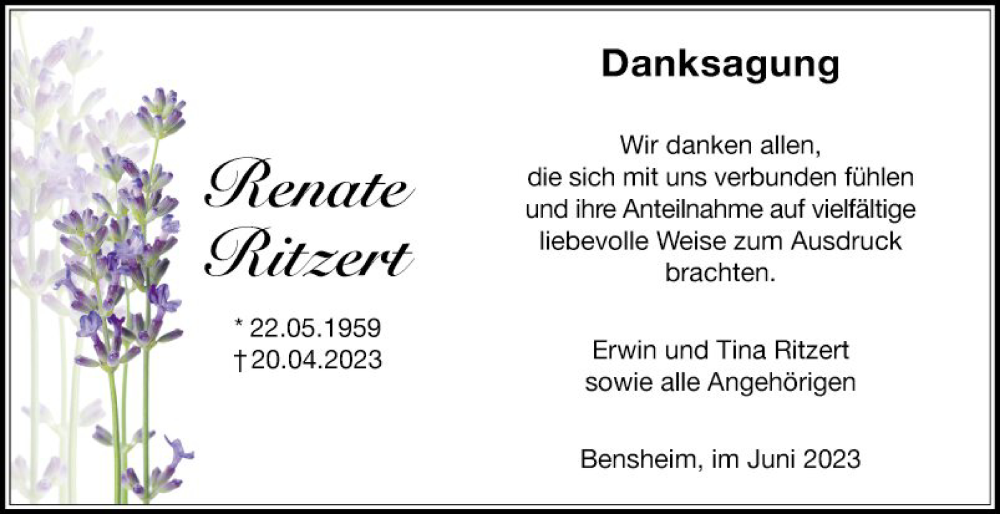  Traueranzeige für Renate Ritzert vom 03.06.2023 aus Bergsträßer Anzeiger