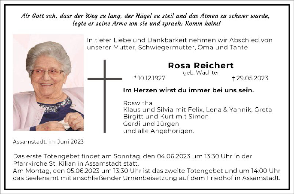  Traueranzeige für Rosa Reichert vom 03.06.2023 aus Fränkische Nachrichten