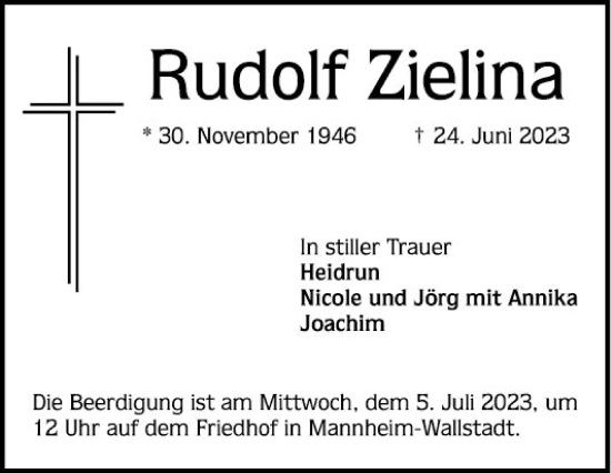 Traueranzeige von Rudolf Zielina von Mannheimer Morgen