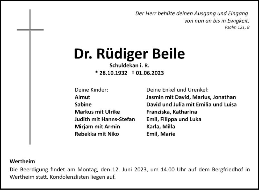  Traueranzeige für Rüdiger Beile vom 03.06.2023 aus Fränkische Nachrichten
