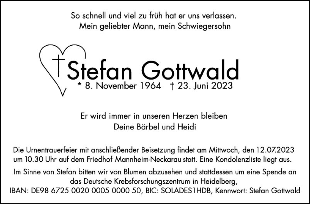  Traueranzeige für Stefan Gottwald vom 01.07.2023 aus Mannheimer Morgen