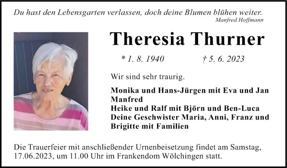  Traueranzeige für Theresia Thurner vom 14.06.2023 aus Fränkische Nachrichten