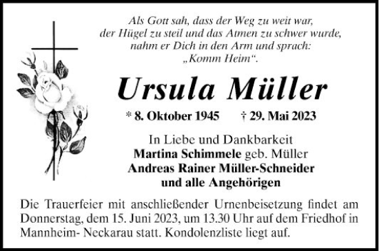 Traueranzeige von Ursula Müller von Mannheimer Morgen