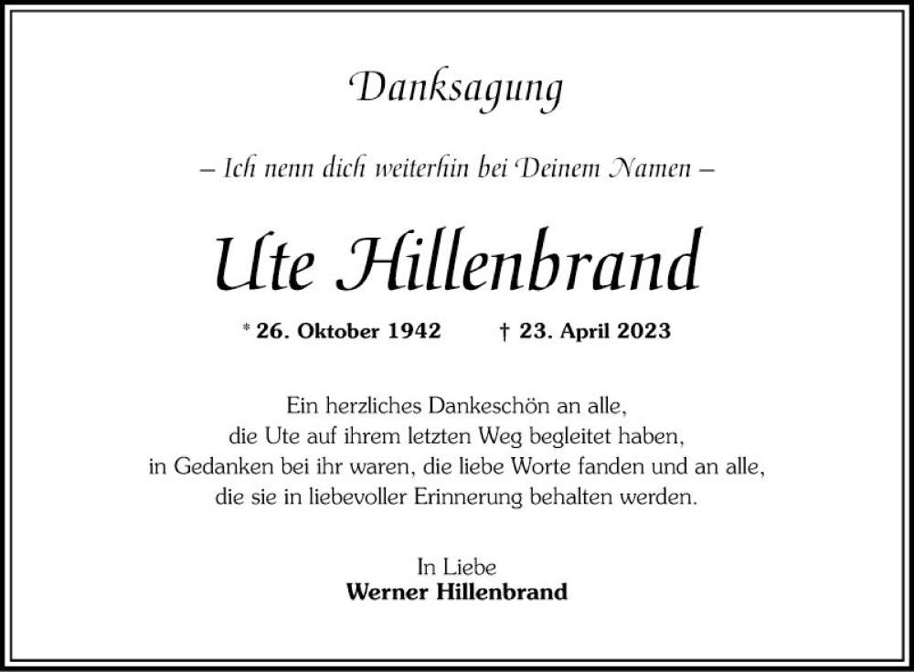  Traueranzeige für Utee Hillenbrand vom 03.06.2023 aus Mannheimer Morgen