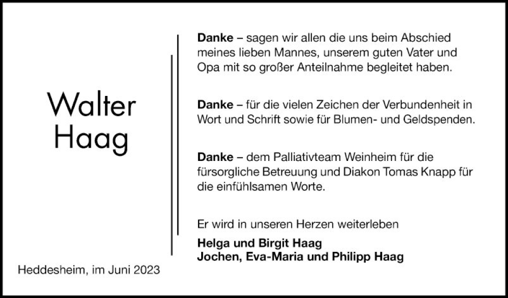  Traueranzeige für Walter Haag vom 17.06.2023 aus Mannheimer Morgen