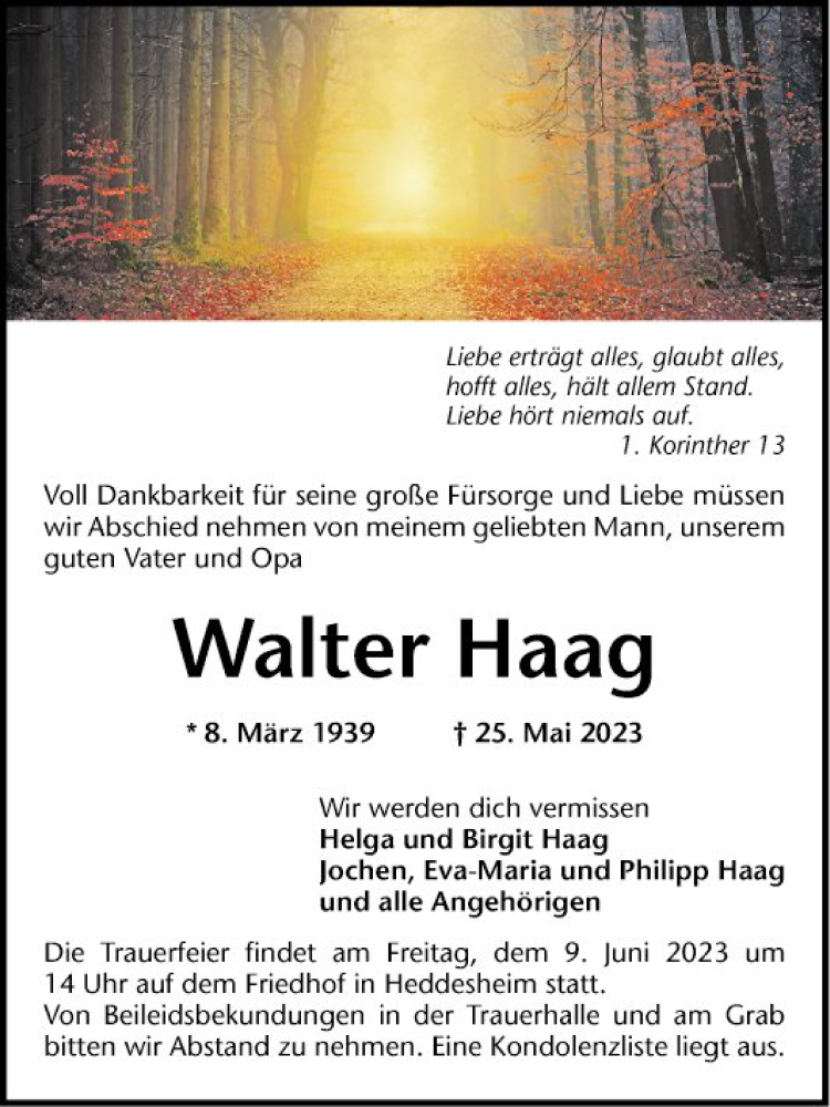  Traueranzeige für Walter Haag vom 03.06.2023 aus Mannheimer Morgen