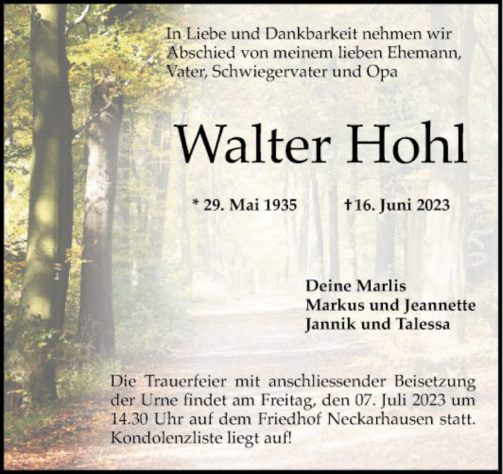  Traueranzeige für Walter Hohl vom 01.07.2023 aus Mannheimer Morgen