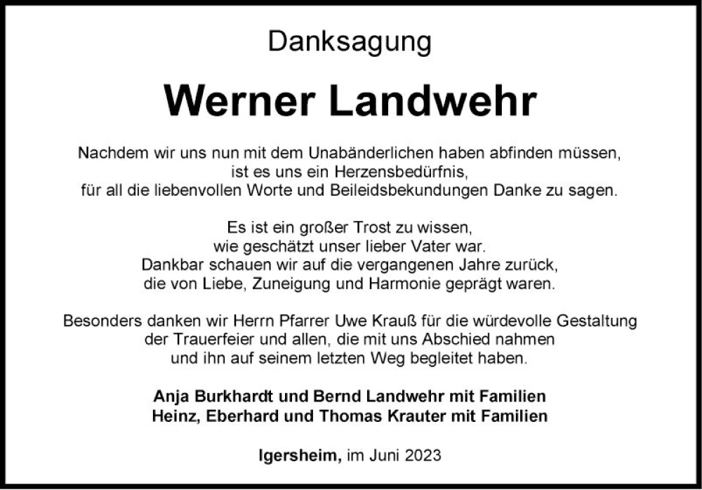  Traueranzeige für Werner Landwehr vom 03.06.2023 aus Fränkische Nachrichten