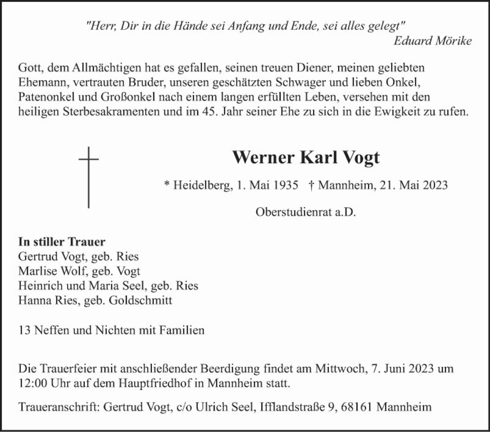  Traueranzeige für Werner Karl Vogt vom 03.06.2023 aus Fränkische Nachrichten