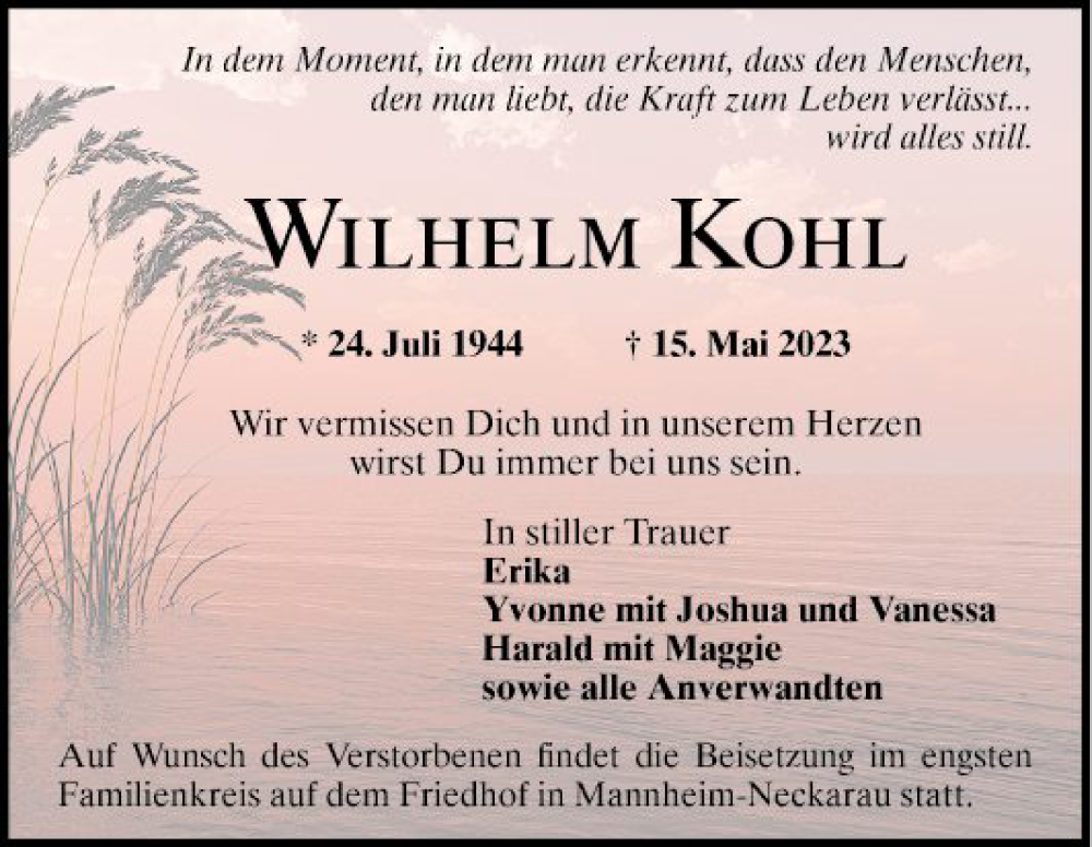  Traueranzeige für Wilhlem Kohl vom 10.06.2023 aus Mannheimer Morgen