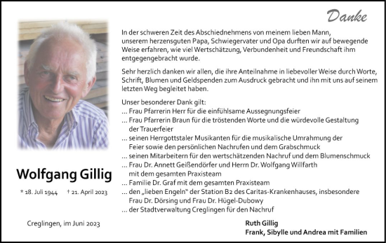 Traueranzeige von Wolfgang Gillig von Fränkische Nachrichten