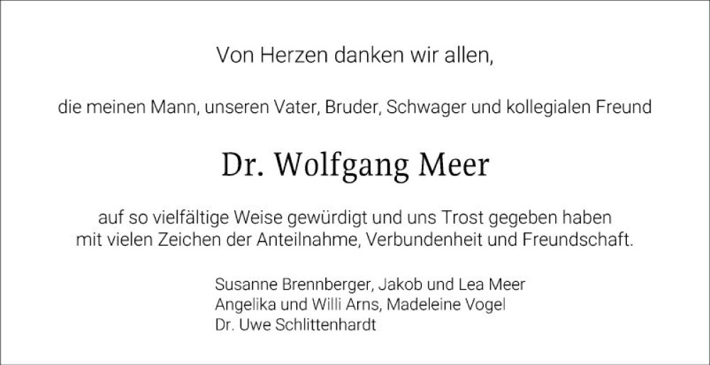  Traueranzeige für Wolfgang Meer vom 01.07.2023 aus Mannheimer Morgen