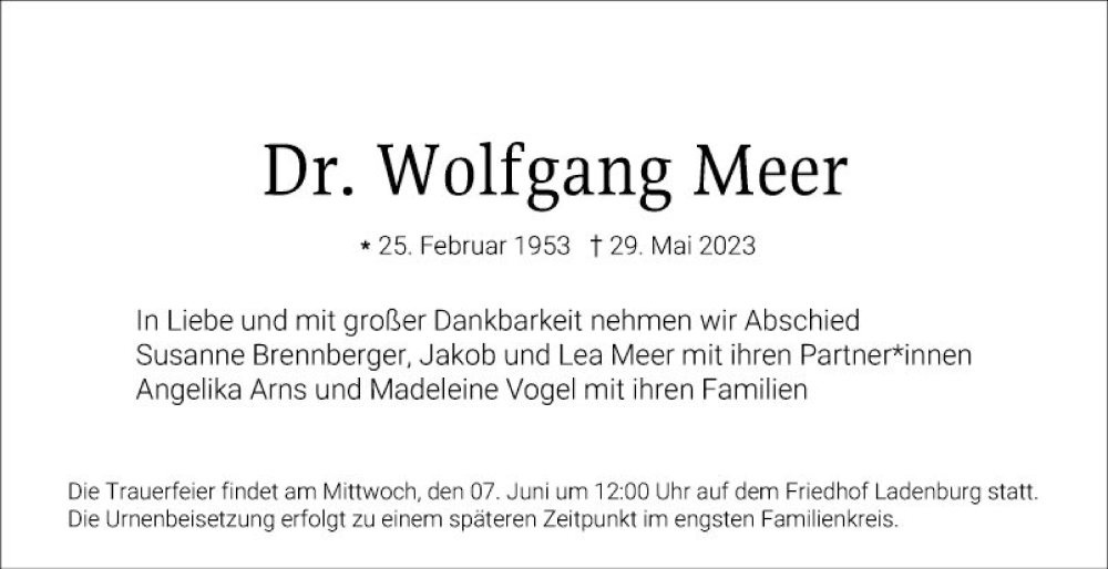  Traueranzeige für Wolfgang Meer vom 03.06.2023 aus Mannheimer Morgen