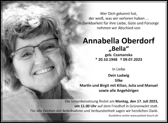 Traueranzeige von Annabella Oberdorf von Fränkische Nachrichten