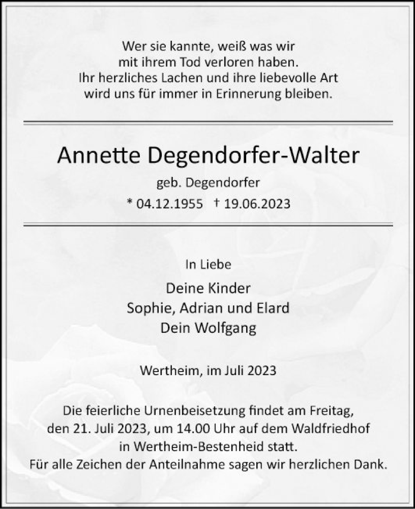  Traueranzeige für Annette Degendorfer-Walter vom 15.07.2023 aus Fränkische Nachrichten